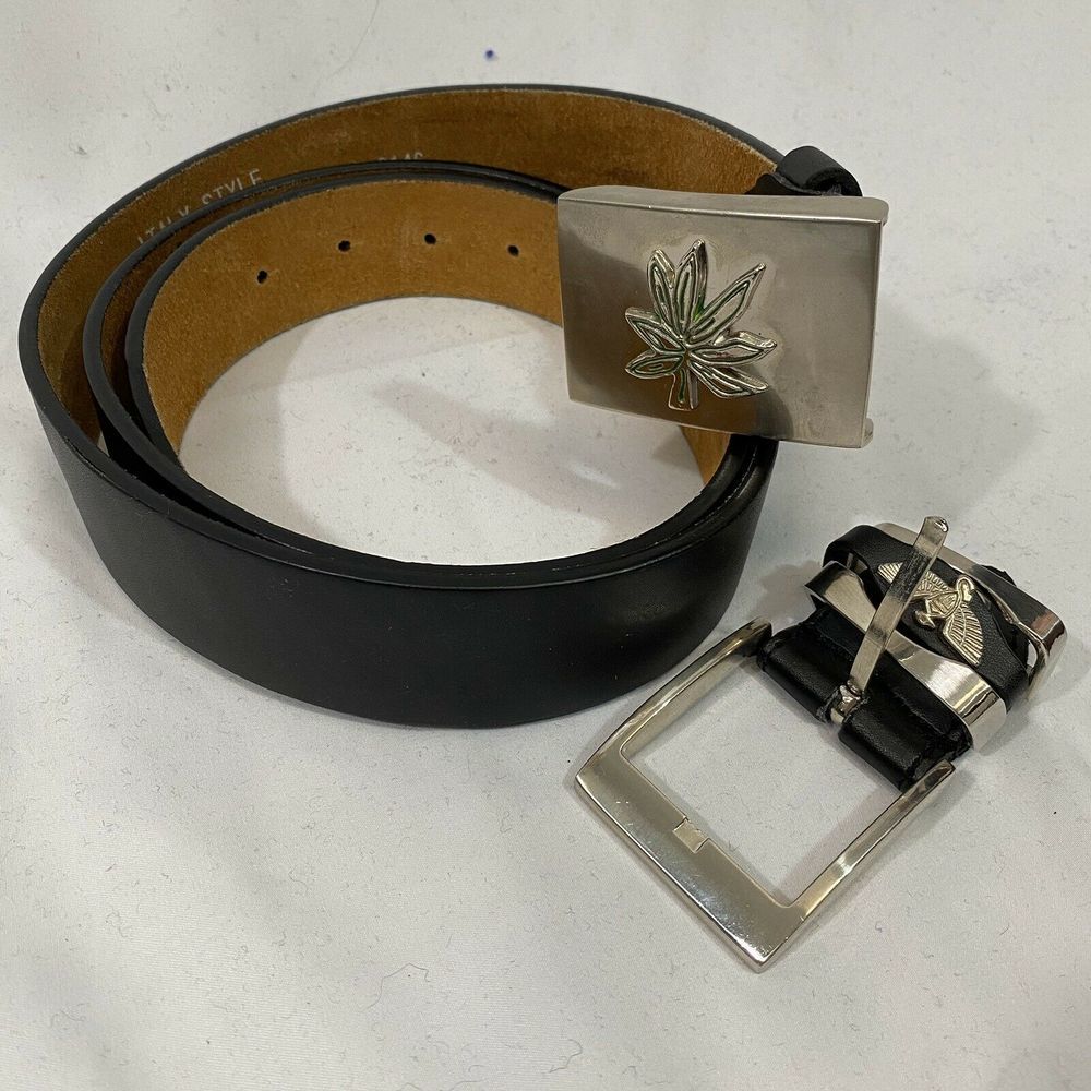 Italy Style Black Leather Belt Pot Leaf Buckle XL